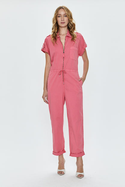 Jordan Short Sleeve Zip Front Jumpsuit - Pink Punch