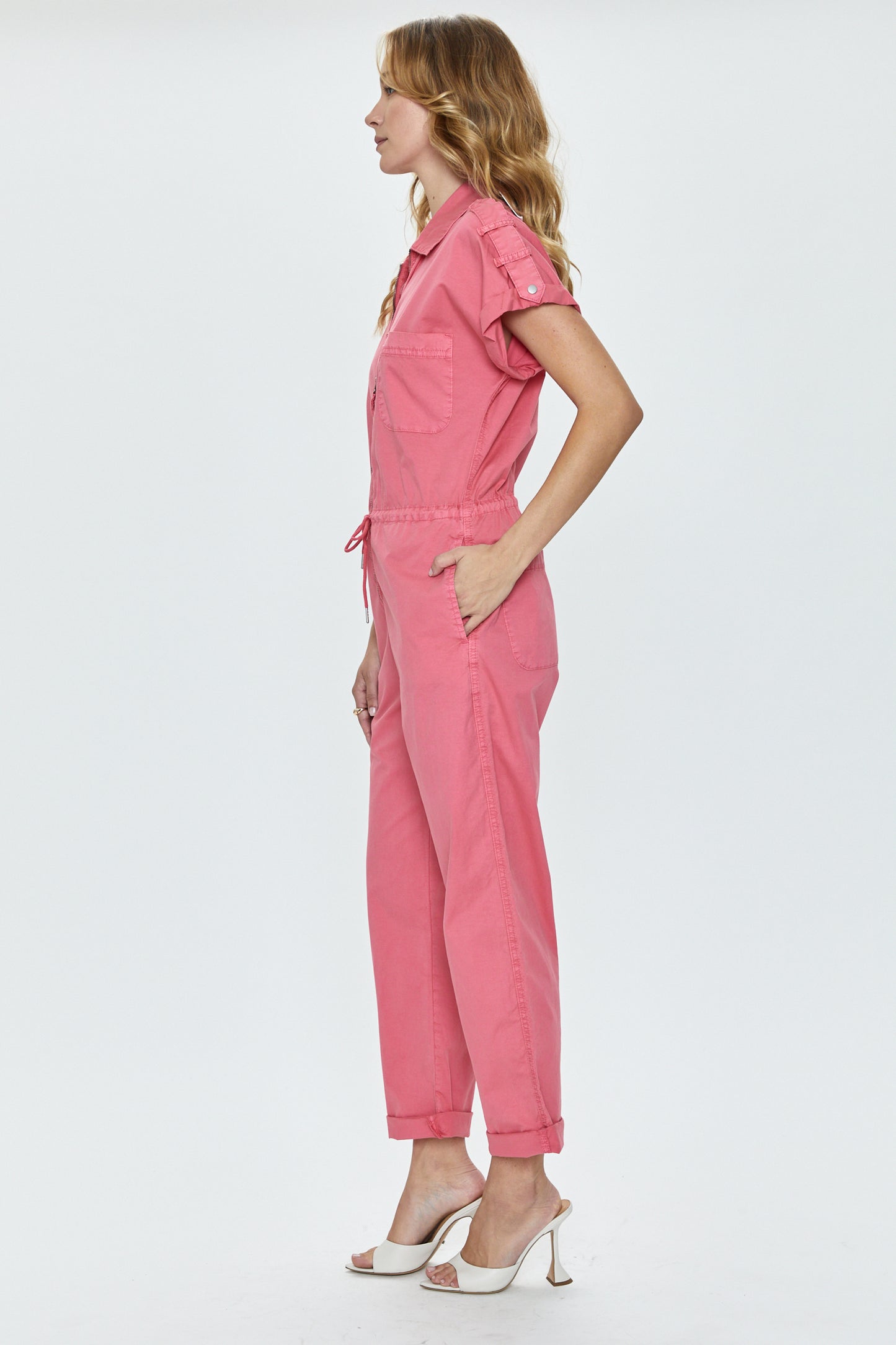 Jordan Short Sleeve Zip Front Jumpsuit - Pink Punch