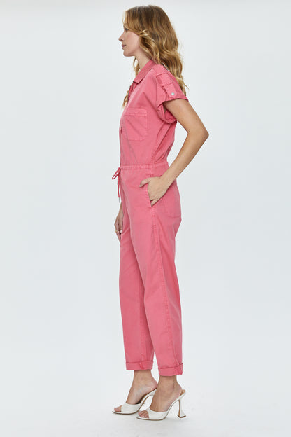 Jordan Short Sleeve Zip Front Jumpsuit - Pink Punch
