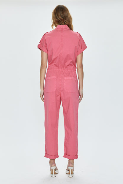 Jordan Short Sleeve Zip Front Jumpsuit - Pink Punch