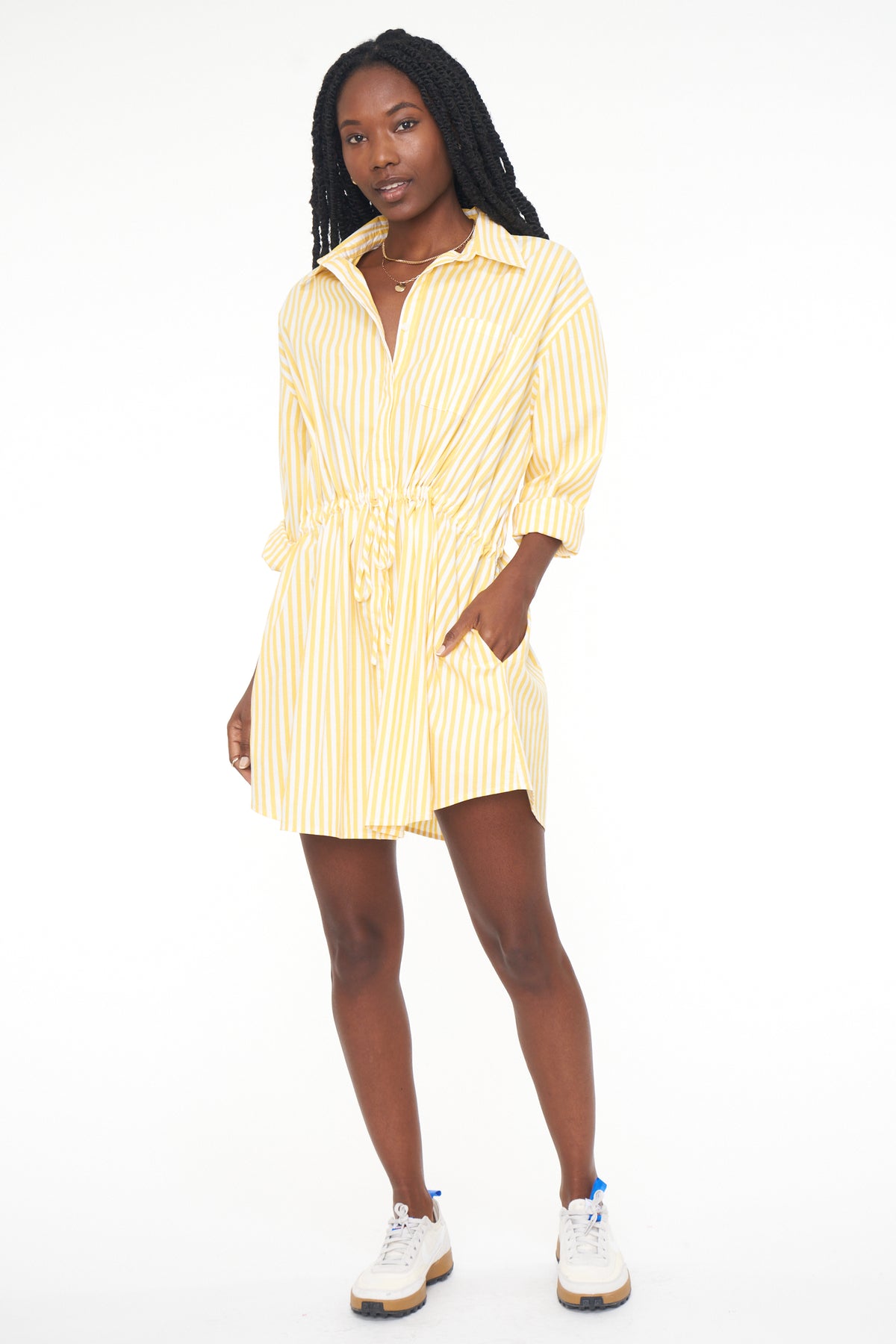 Layla Cinched Waist Dress - Apricot Stripe