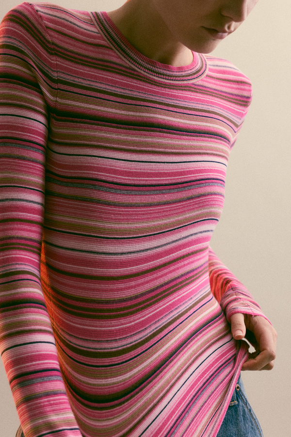 Madison Long Sleeve Crew Neck Sweater - Pink Brown Multi Stripe