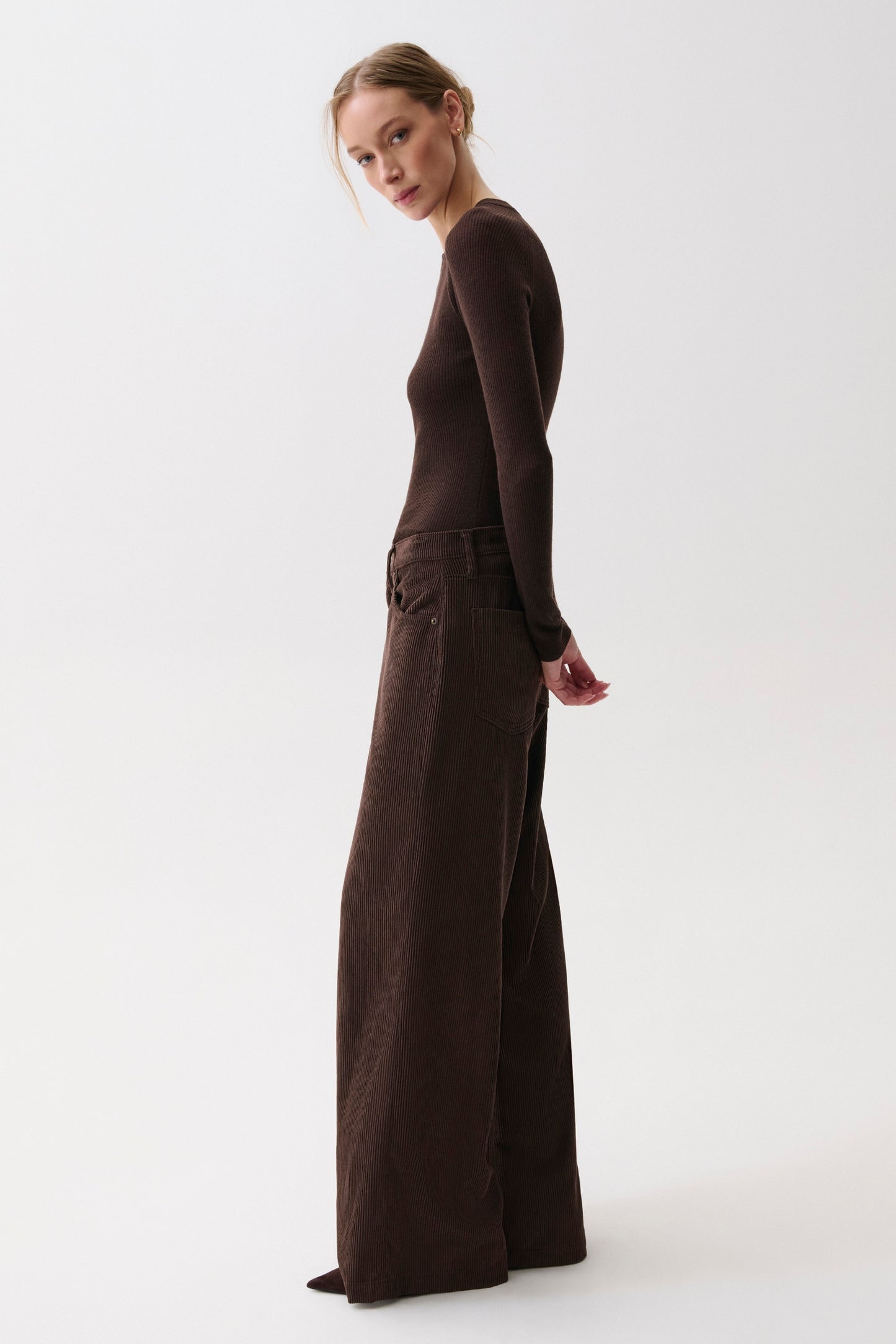 Jadyn Corduroy Mid Rise Palazzo Jean - Mocha