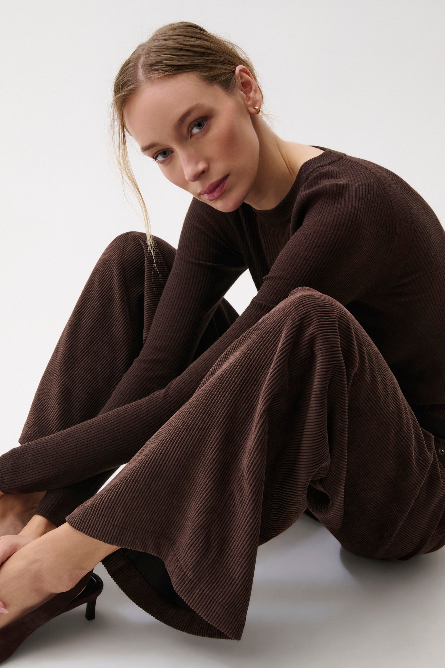 Jadyn Corduroy Mid Rise Palazzo Jean - Mocha