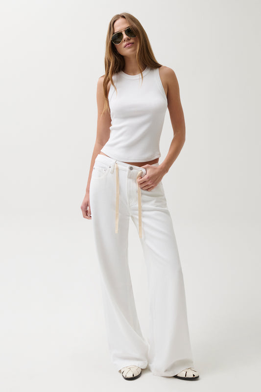 Jadyn Mid Rise Drawstring Palazzo Jean - Optic White