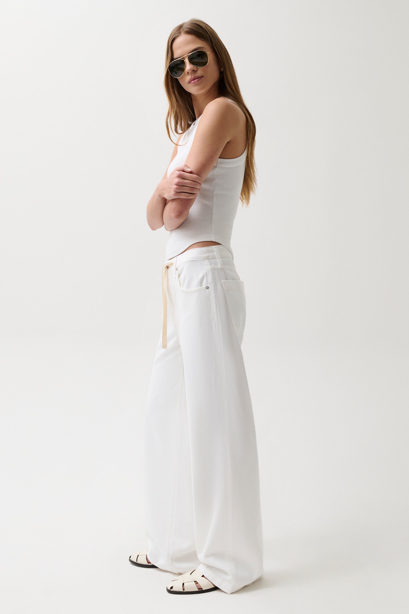 Jadyn Mid Rise Drawstring Palazzo Jean - Optic White – Pistola Denim
