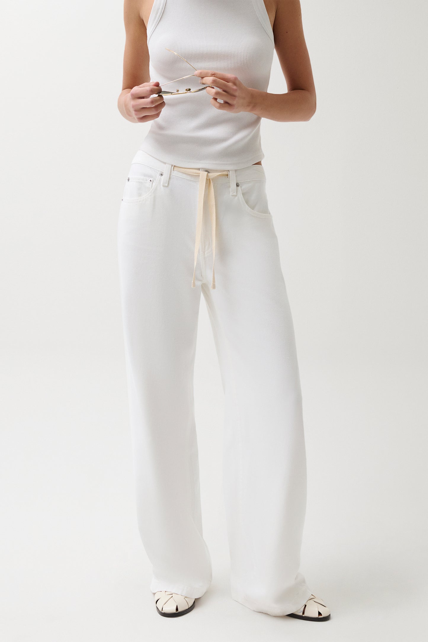 Jadyn Mid Rise Drawstring Palazzo Jean - Optic White