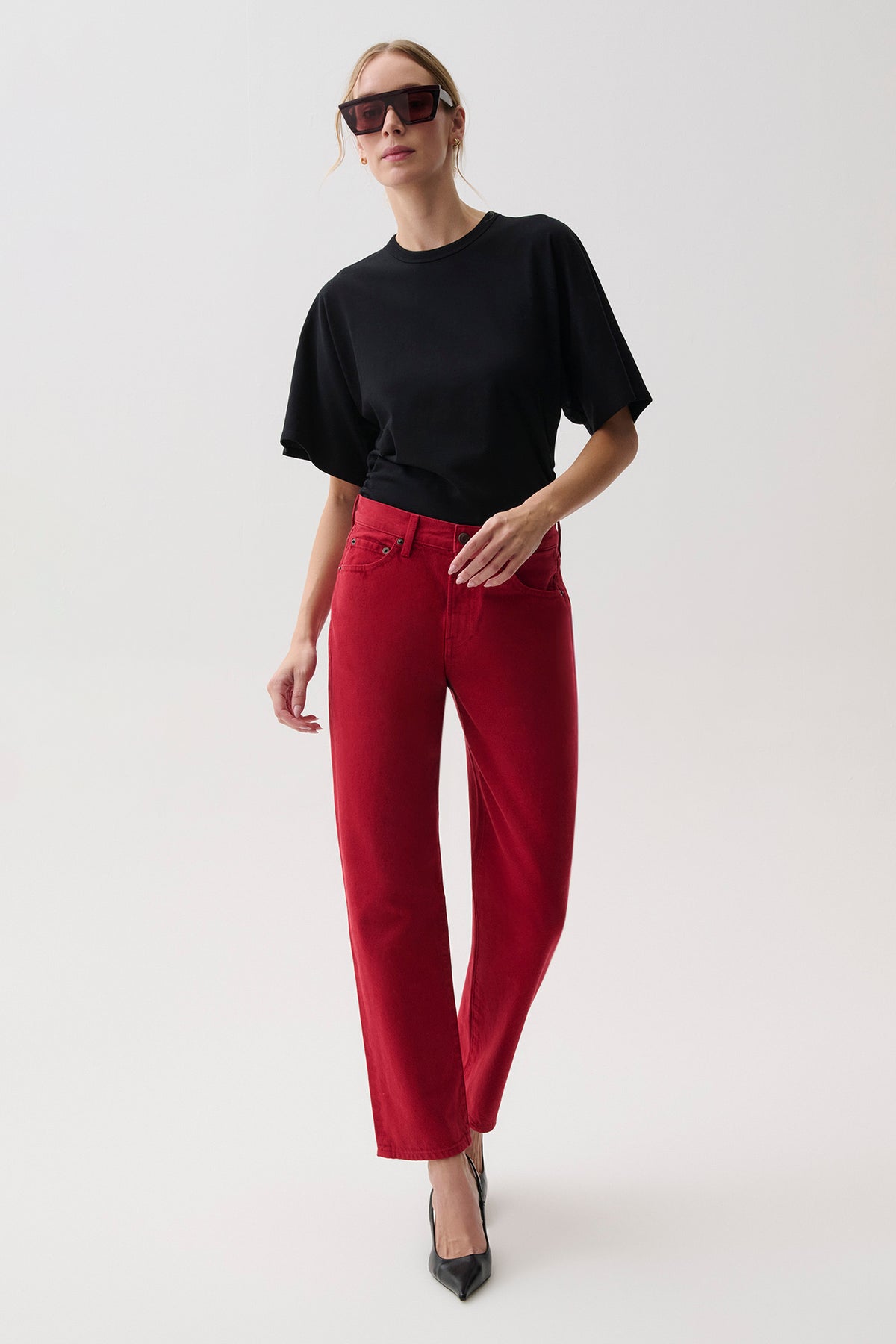 Lexi Mid Rise Bowed Straight - Savvy Red