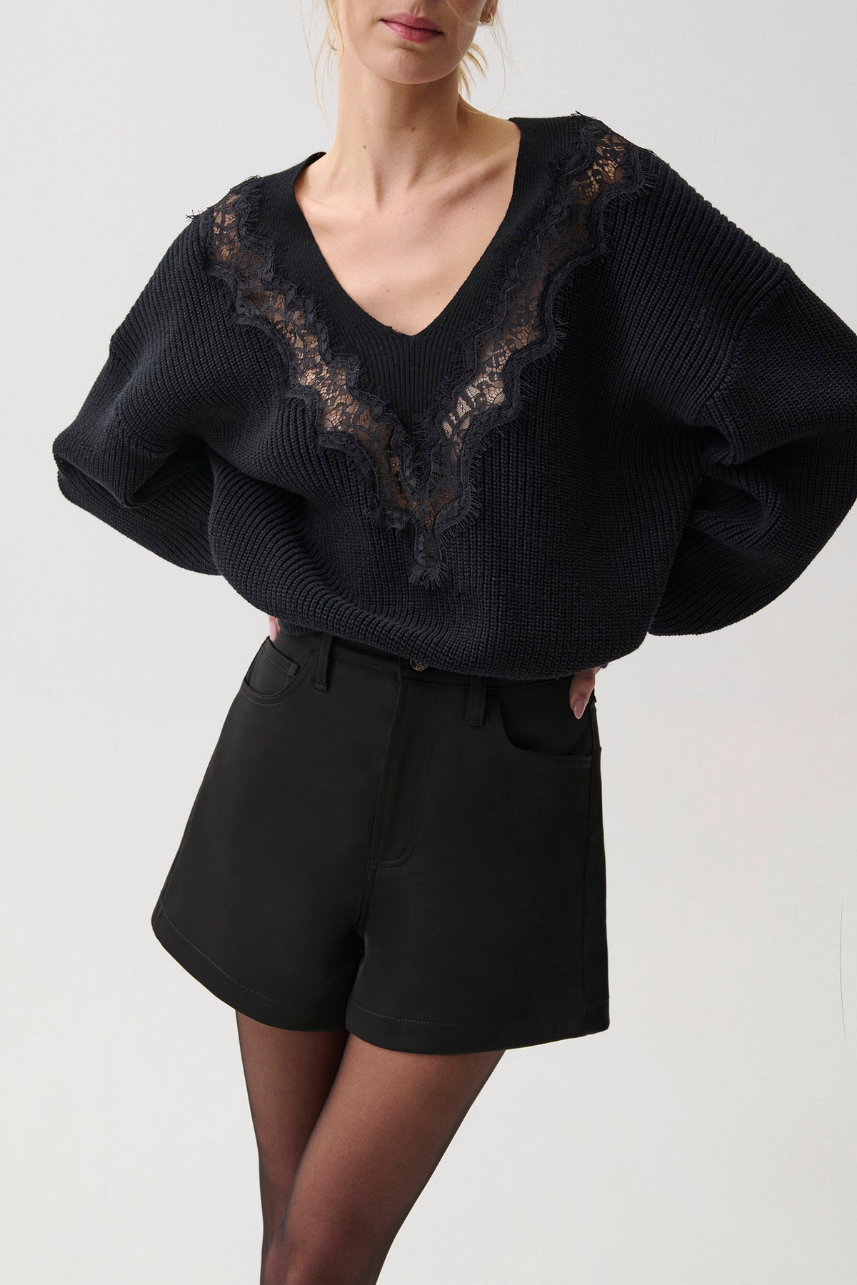 Saige High Rise A-Line Short - Black Sateen