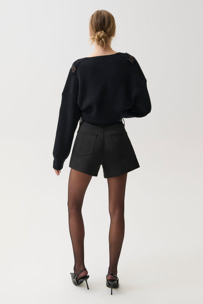 Saige High Rise A-Line Short - Black Sateen