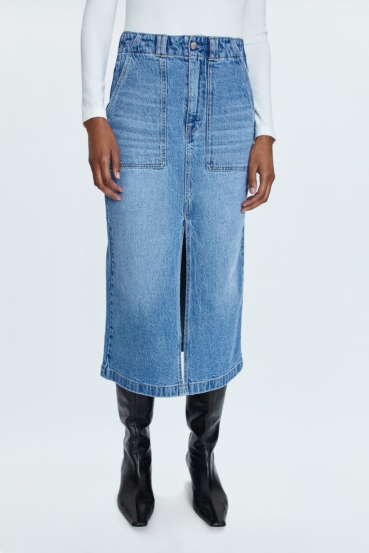 【PORTERNA】Schnia Skirt Flare Jeans Weightless Front Slit Maxi Skirt in Halona | 7 For All Mankind