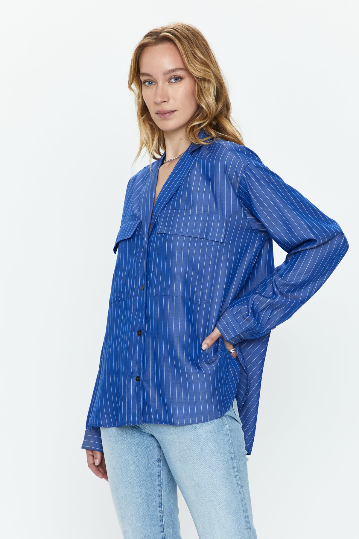 Irene Effortless Button Down Shirt - Dark Blue Pinstripe