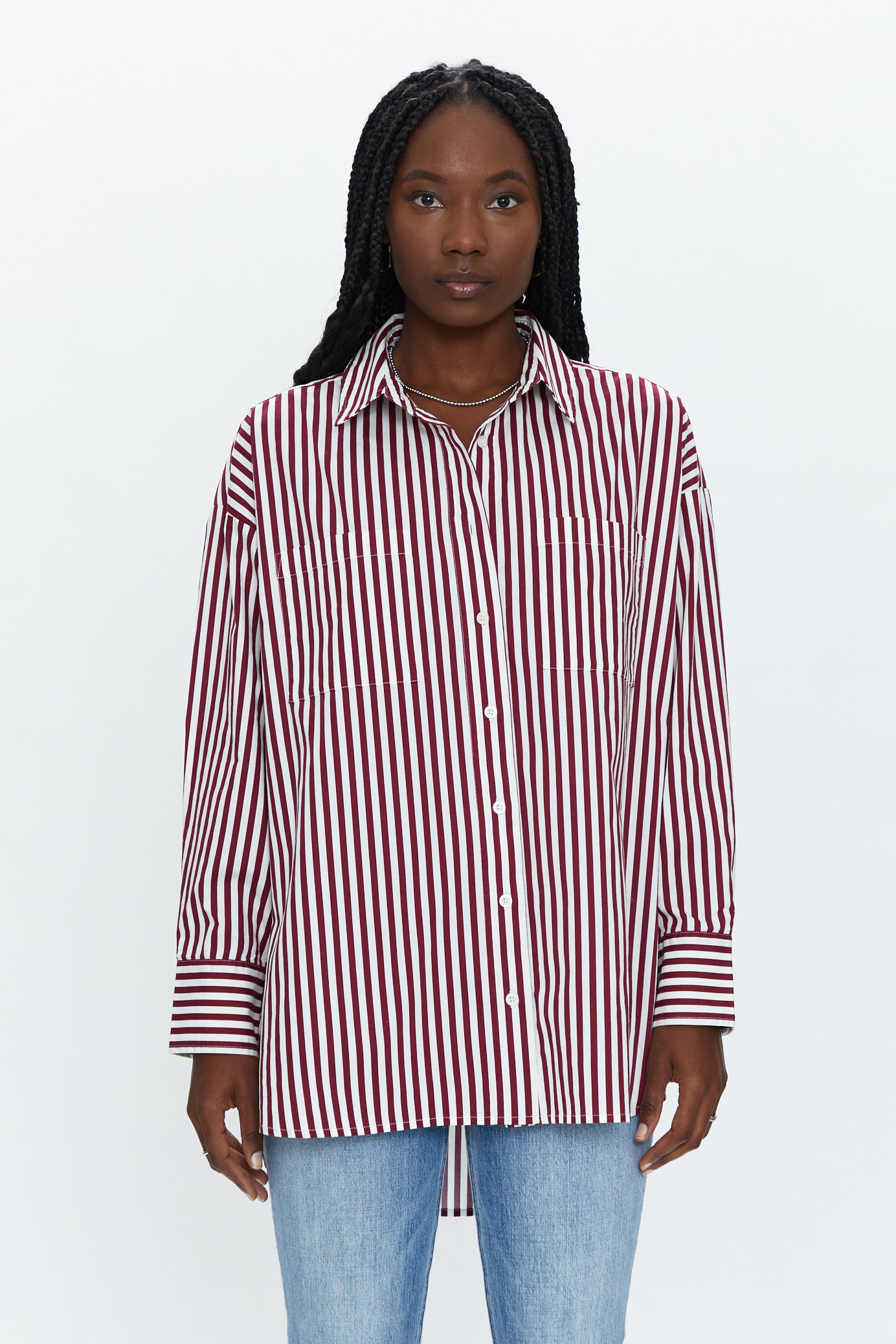 Rena Button Down Tunic Shirt - Ivory Bordeaux St