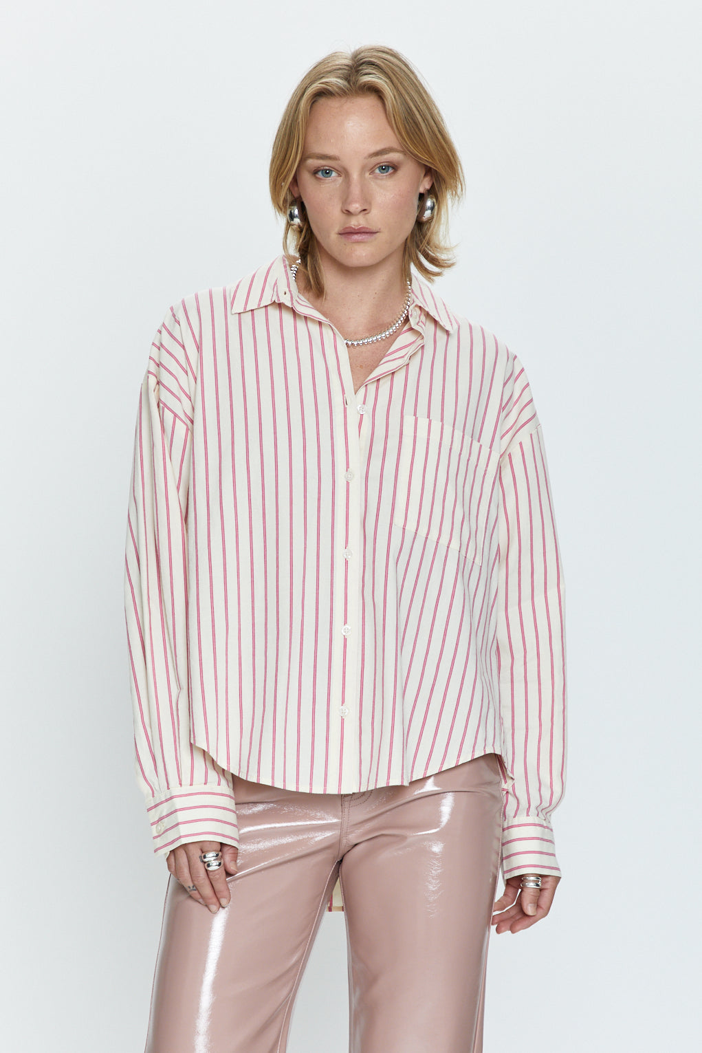 Sloane Oversized Button Down Shirt - Rose Multi Stripe