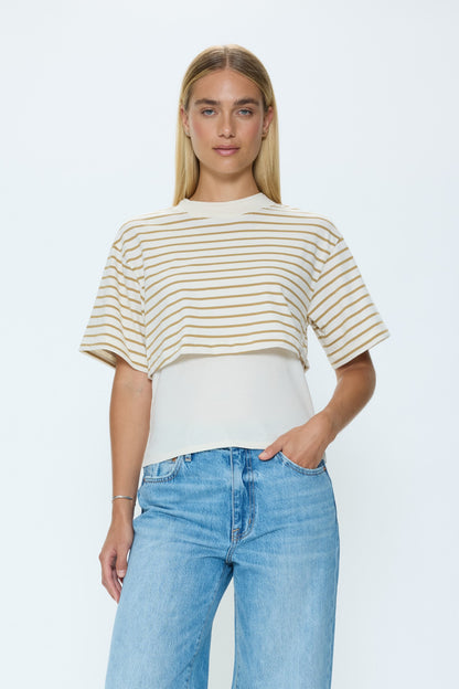 Camryn Boxy Tee Overlay - Tannin Ecru Stripe