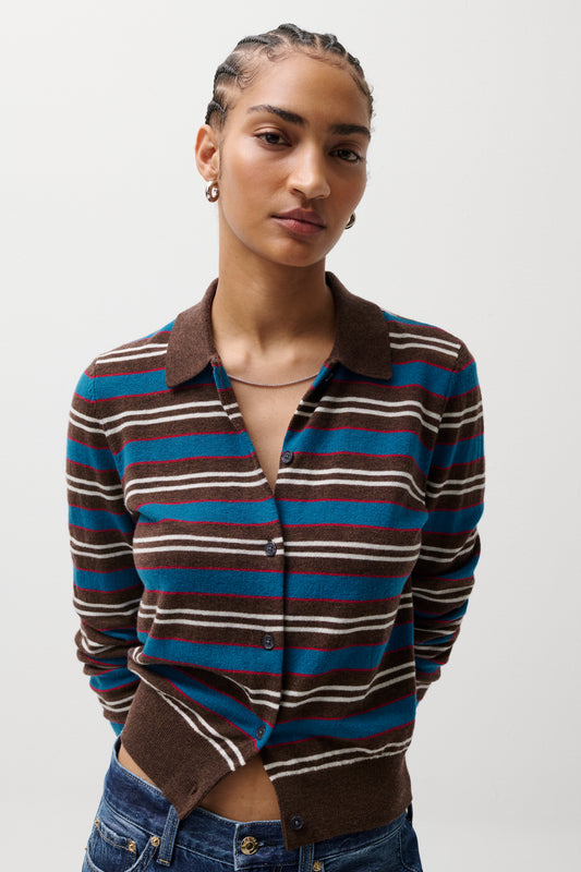 Lyvia Merino Polo Cardigan - Tealwood Stripe