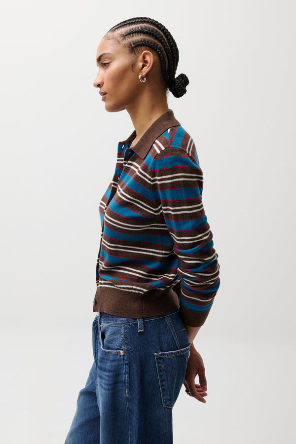 Lyvia Merino Polo Cardigan - Tealwood Stripe