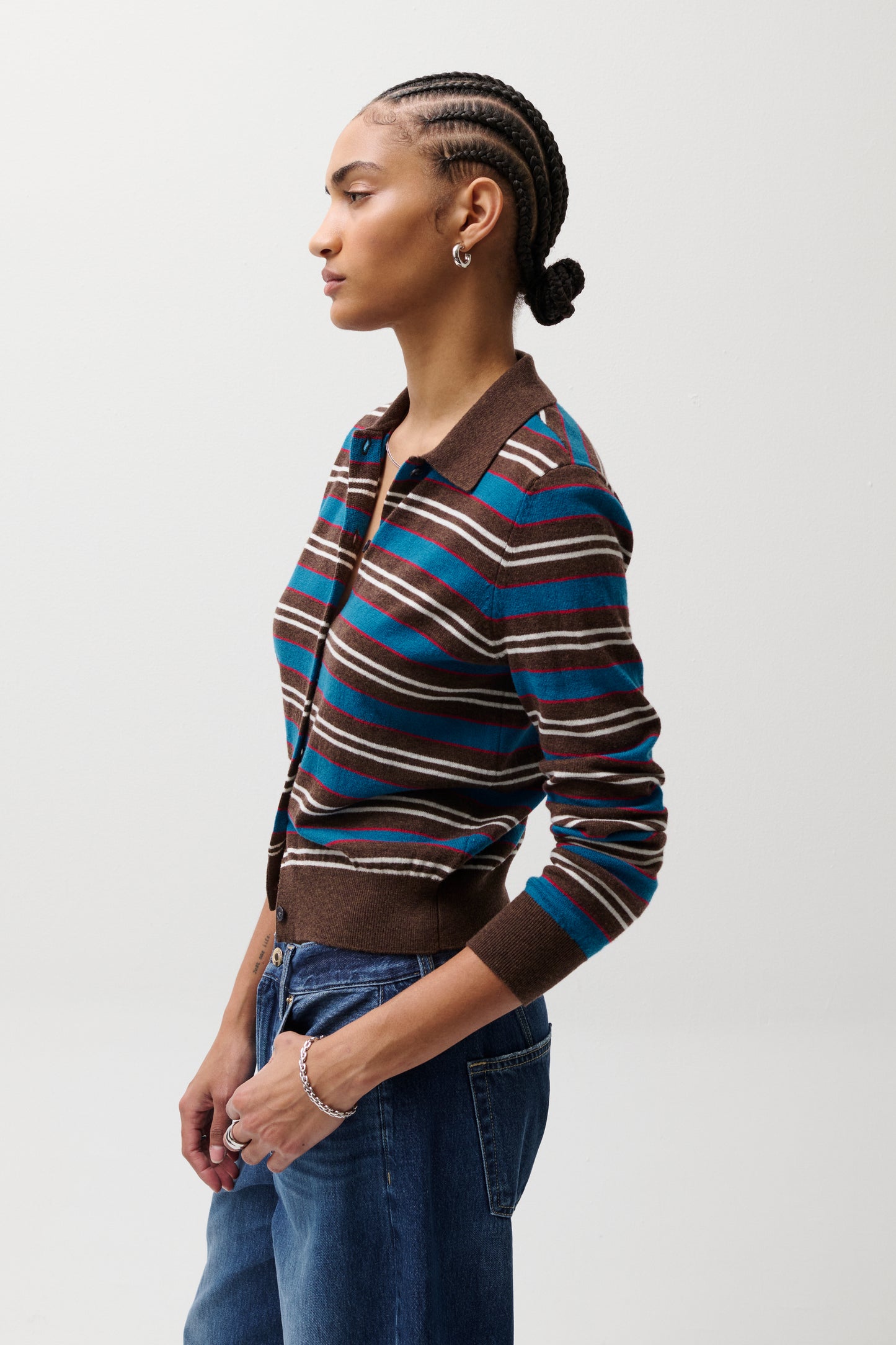 Lyvia Merino Polo Cardigan - Tealwood Stripe