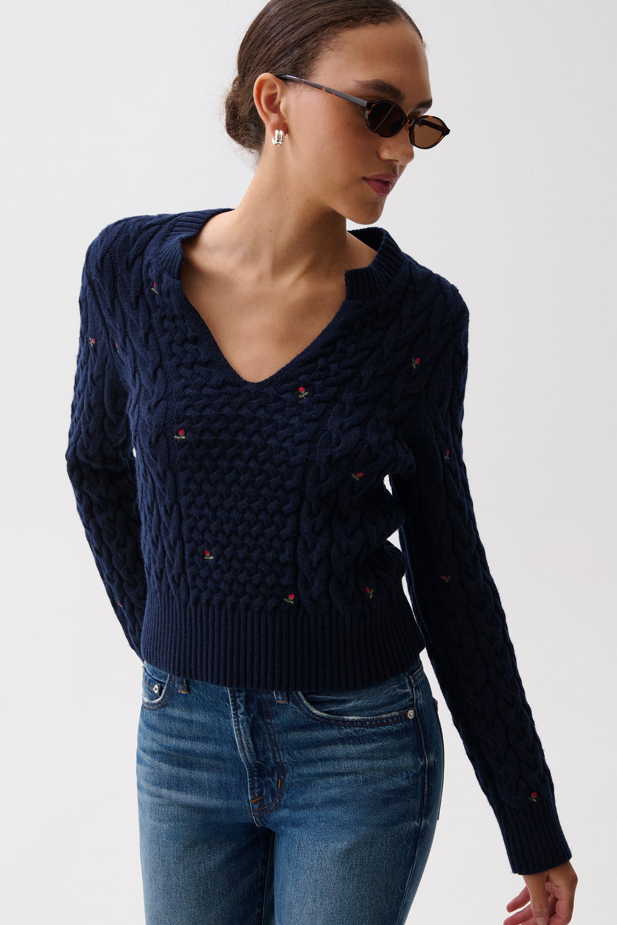 Shana Cable Embroidered Sweater - Soft Night