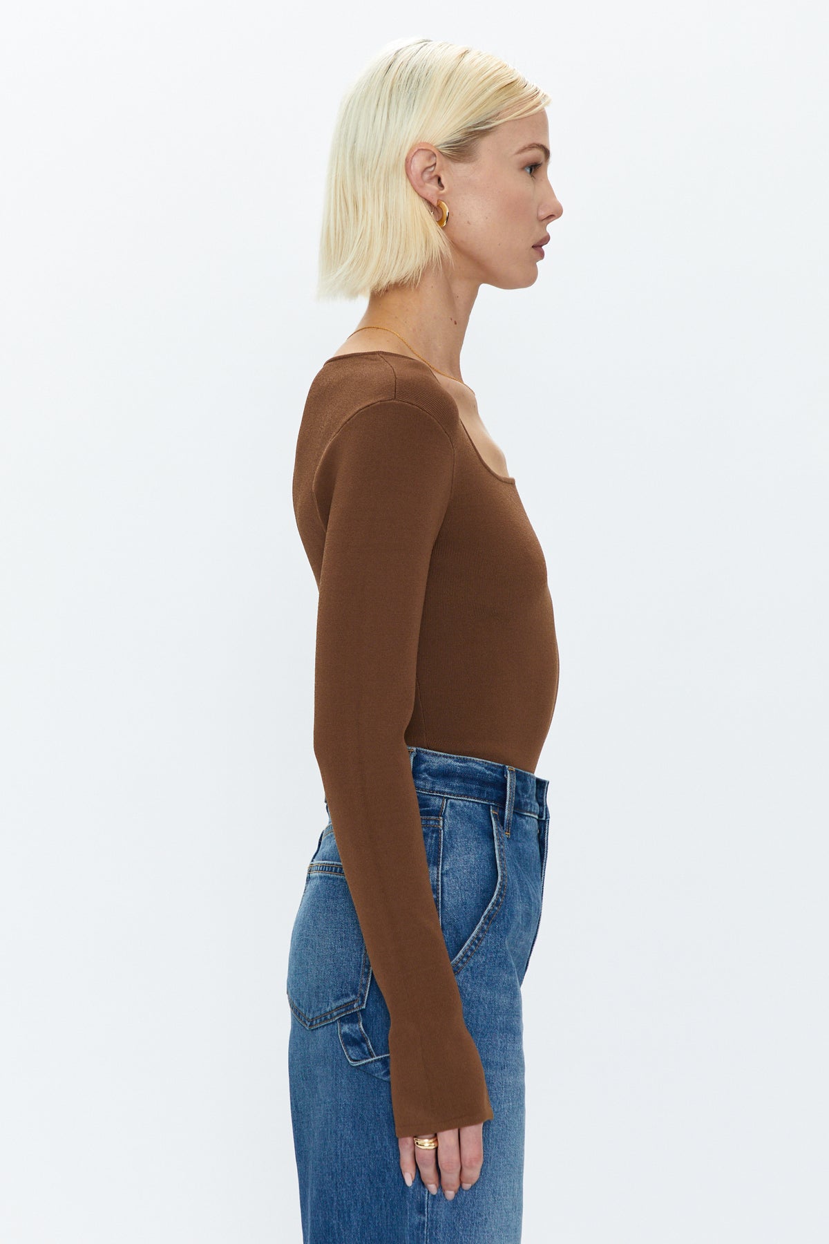 Jenny Long Sleeve Square Neck Thong Bodysuit - Saddle