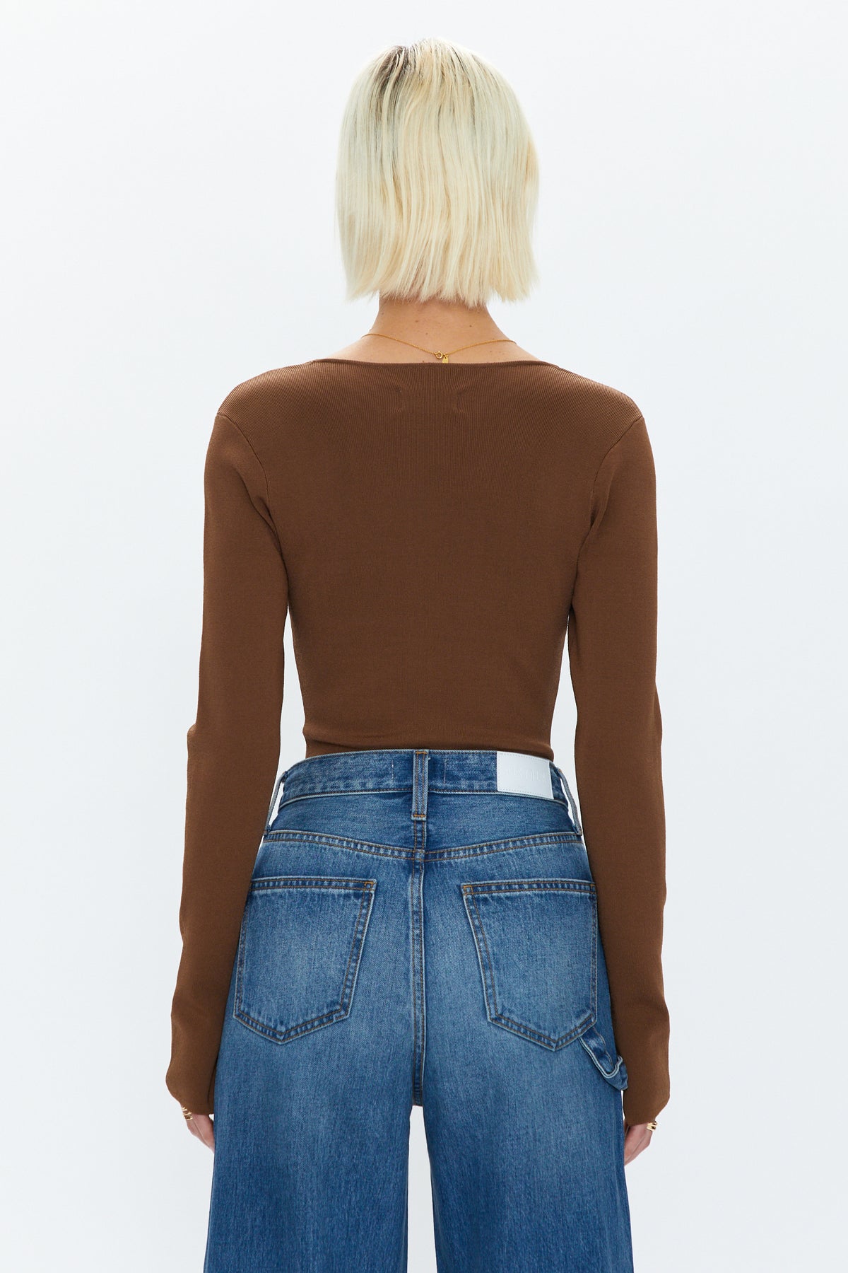 Jenny Long Sleeve Square Neck Thong Bodysuit - Saddle