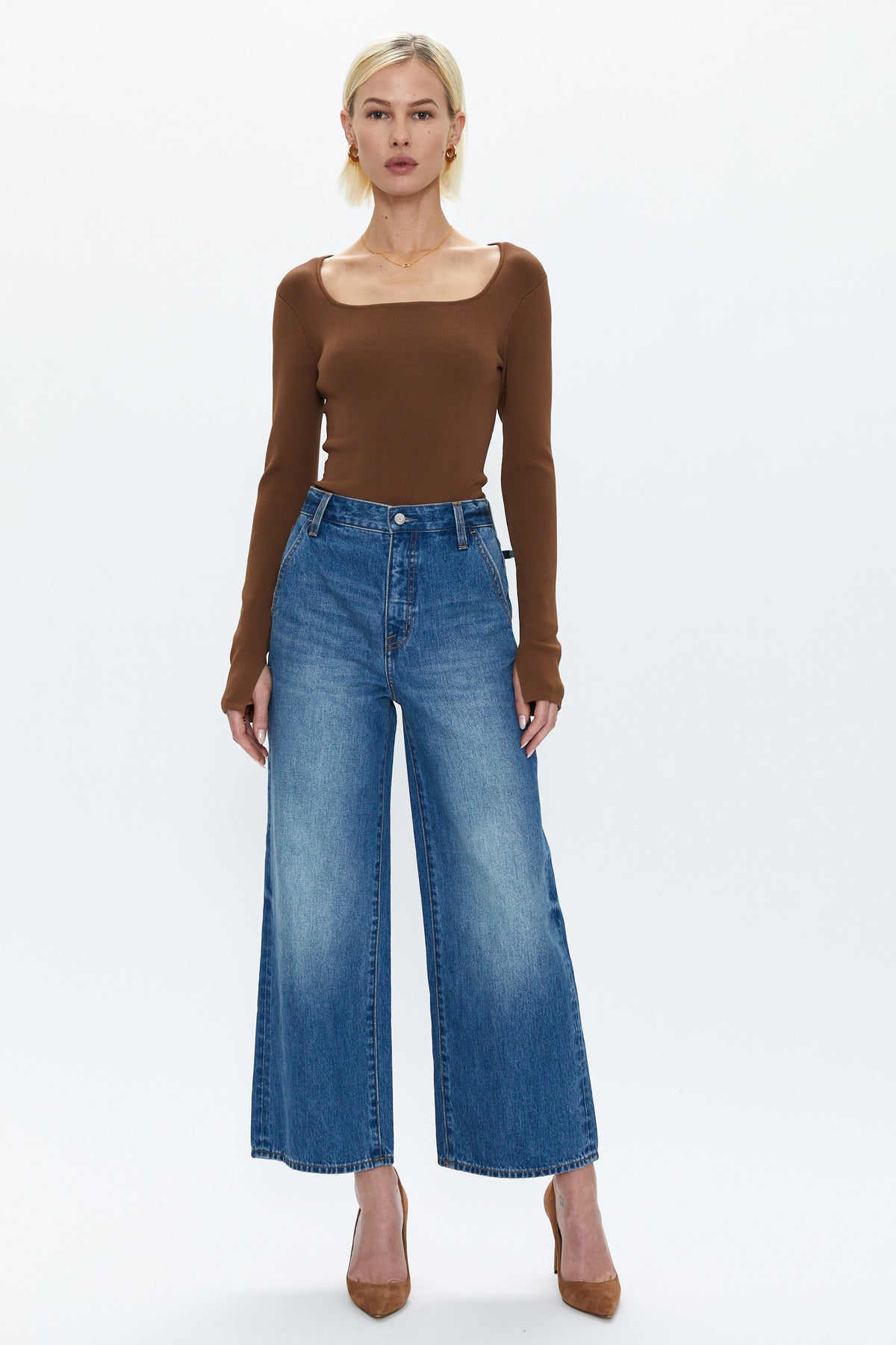 Jenny Long Sleeve Square Neck Thong Bodysuit - Saddle