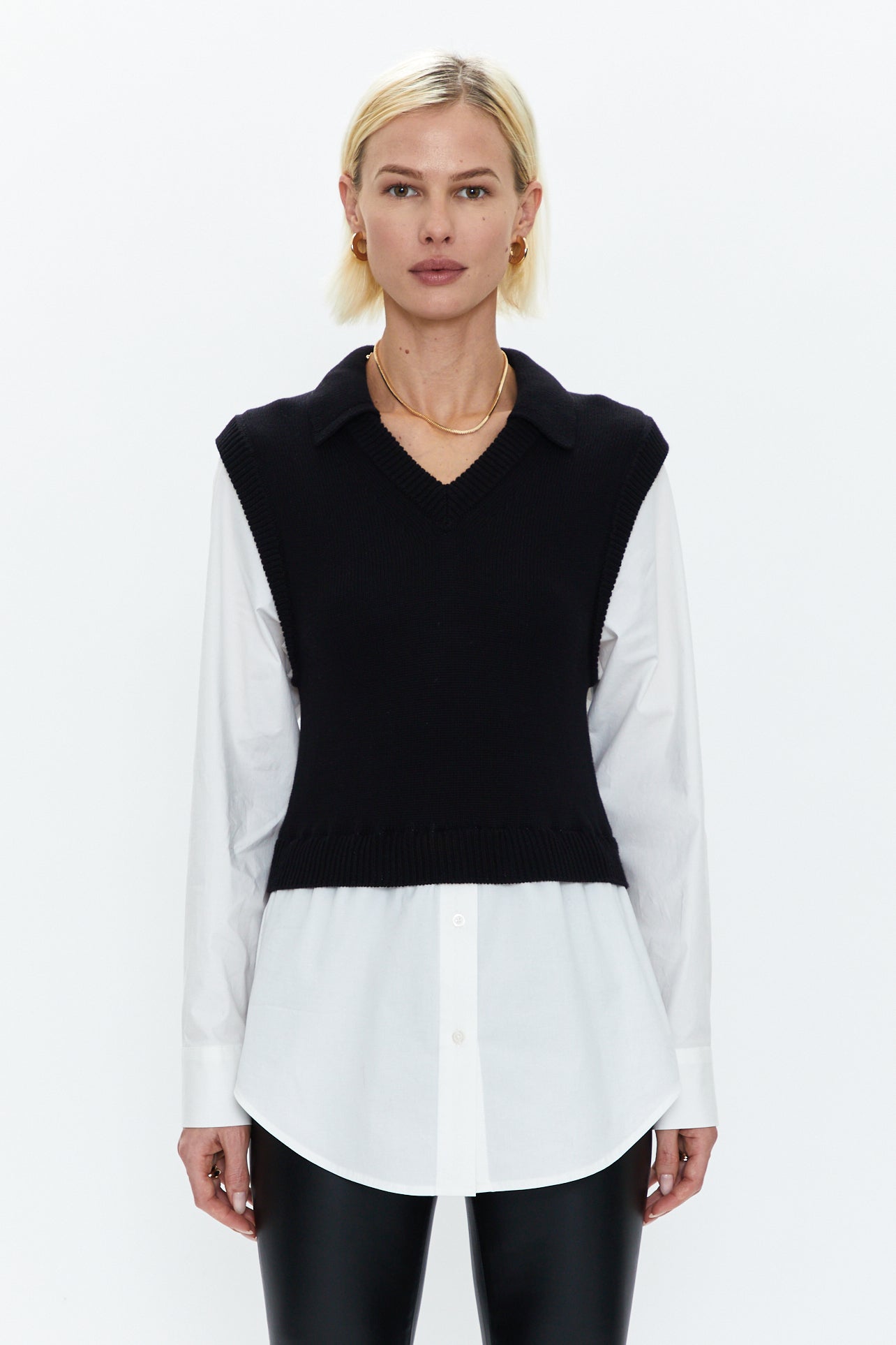 Sofia Layered Sweater Vest Shirt Black - White Poplin