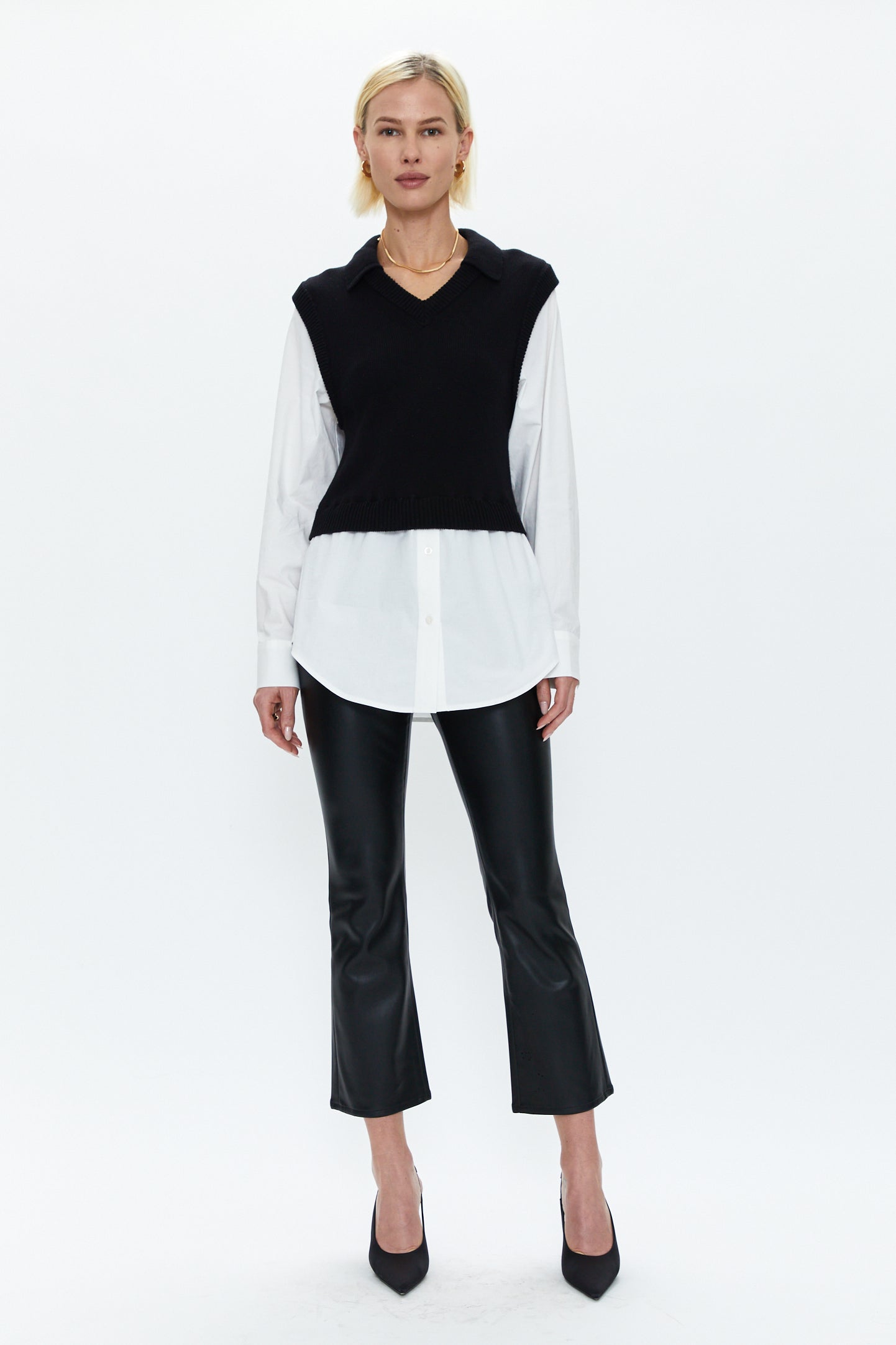 Sofia Layered Sweater Vest Shirt Black - White Poplin
