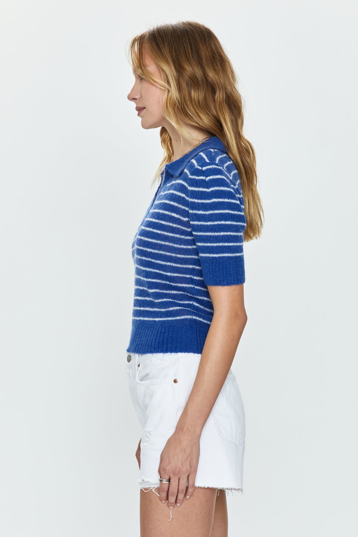 Billie Pleat Sleeve Polo -  Blue White Stripe