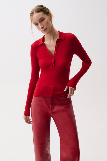 Elise Featherweight Polo Henley - Savvy Red