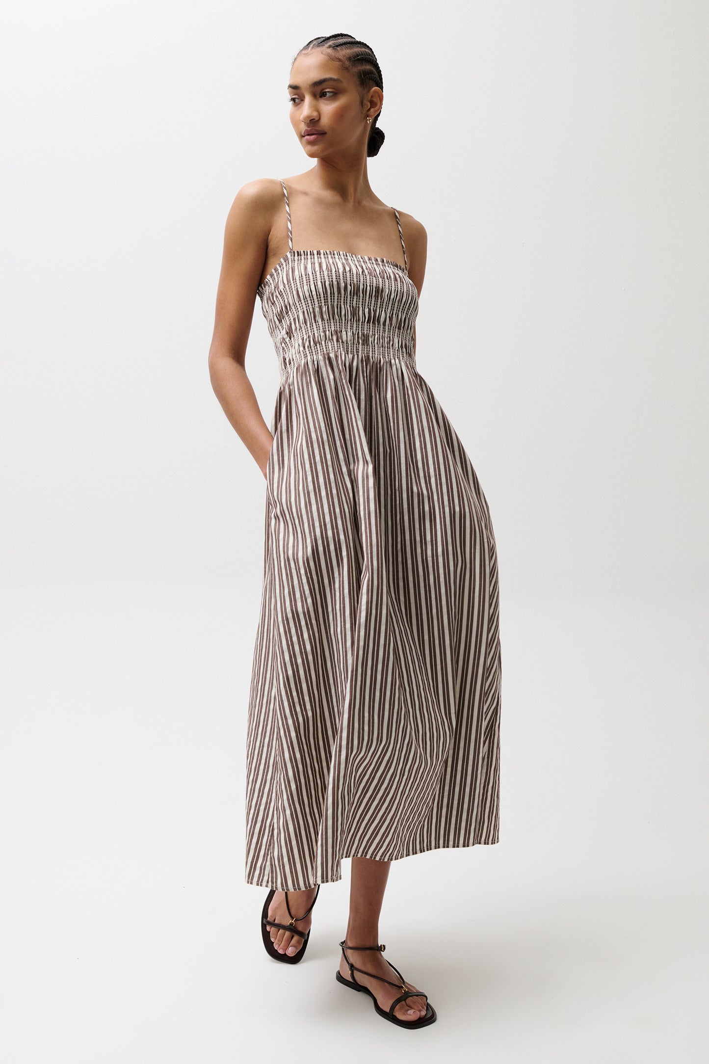 Bianca Shirred Bodice Dress - Java Stripe Pistola Denim Bianca Shirred Bodice Dress - Java Stripe Pistola Denim