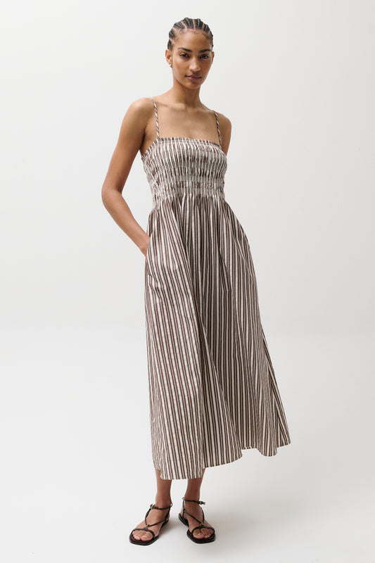 Bianca Shirred Bodice Dress - Java Stripe