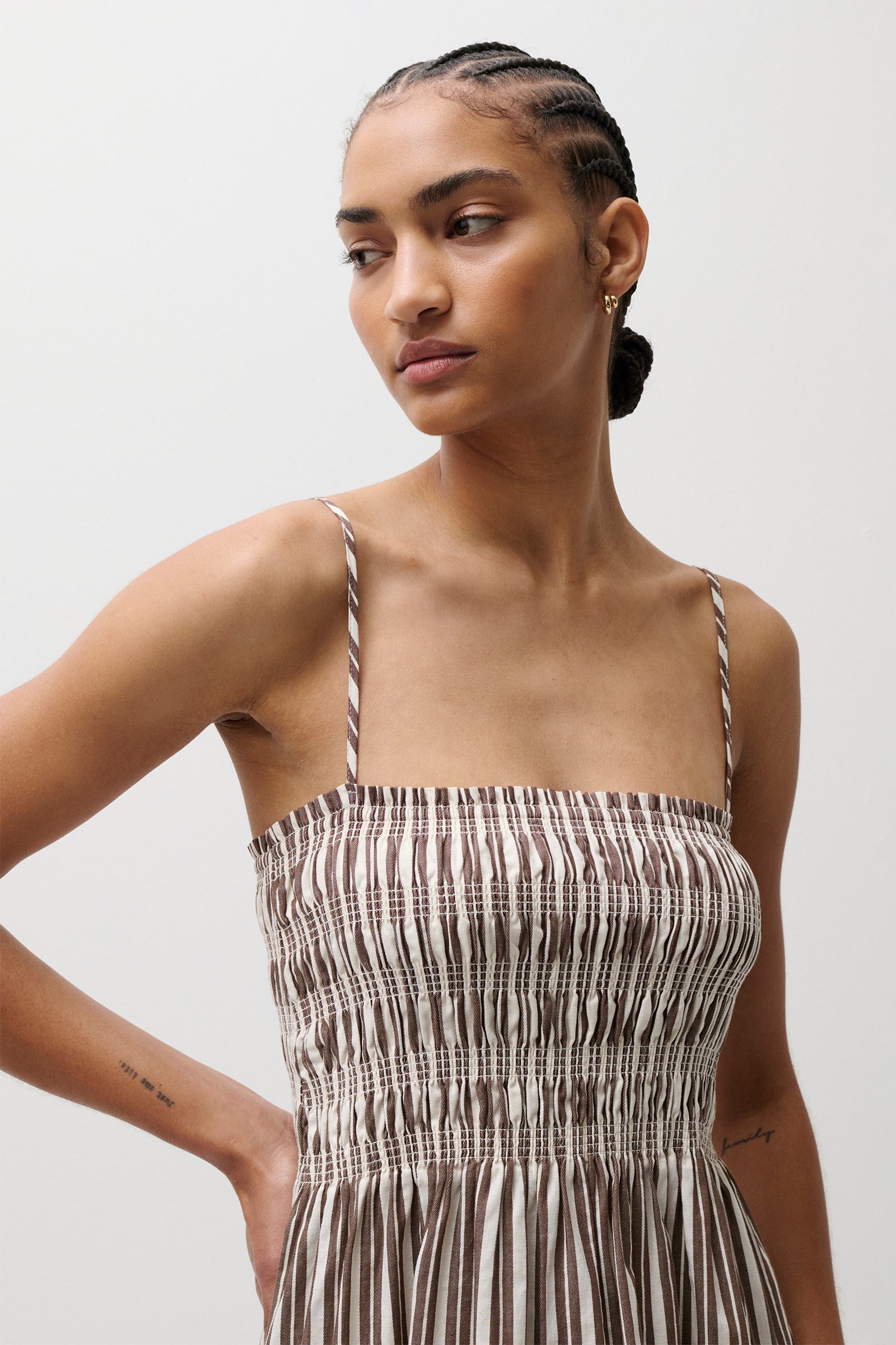 Bianca Shirred Bodice Dress - Java Stripe Pistola Denim Bianca Shirred Bodice Dress - Java Stripe Pistola Denim