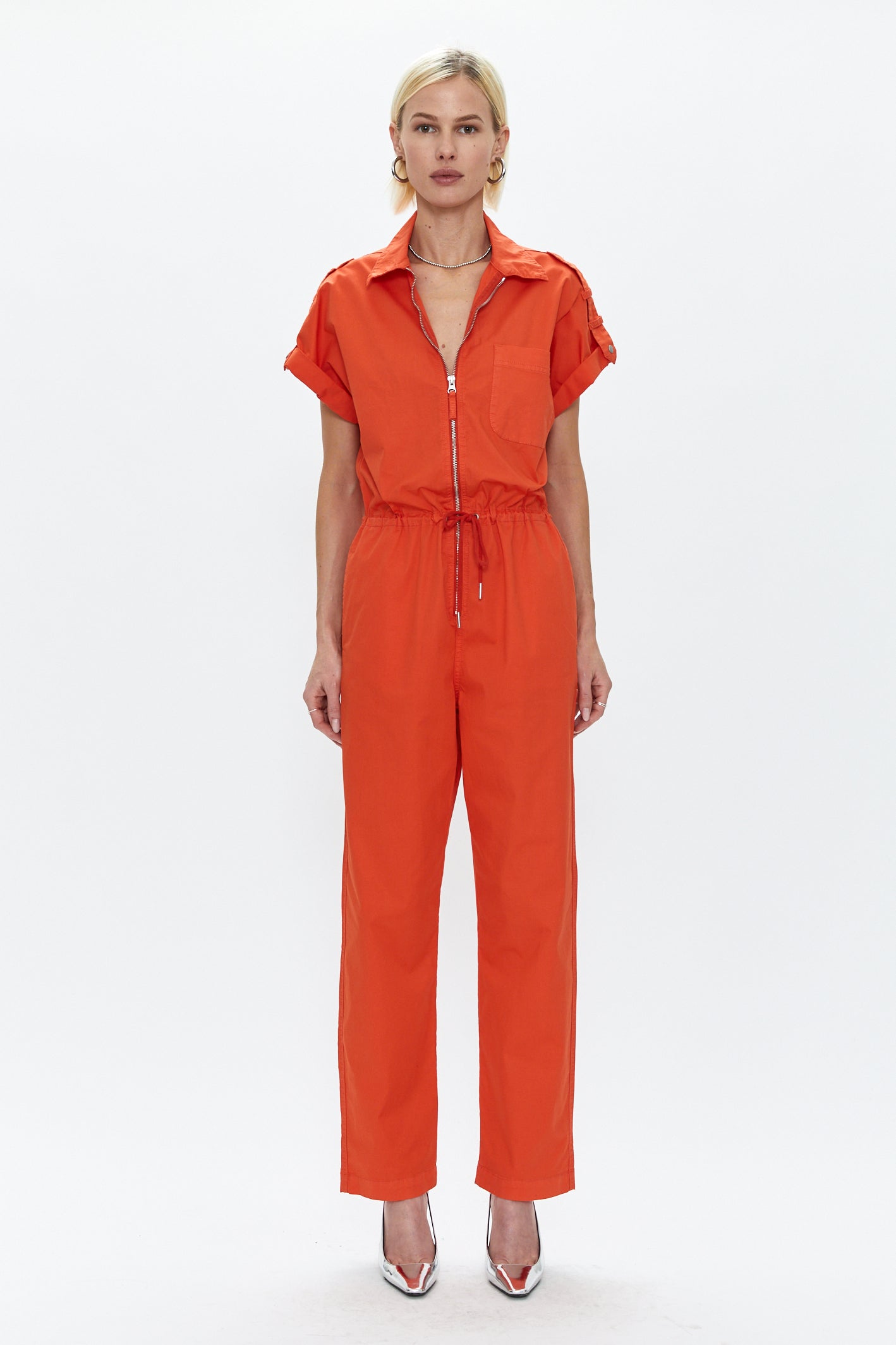 Jordan Short Sleeve Zip Front Jumpsuit - Poppy