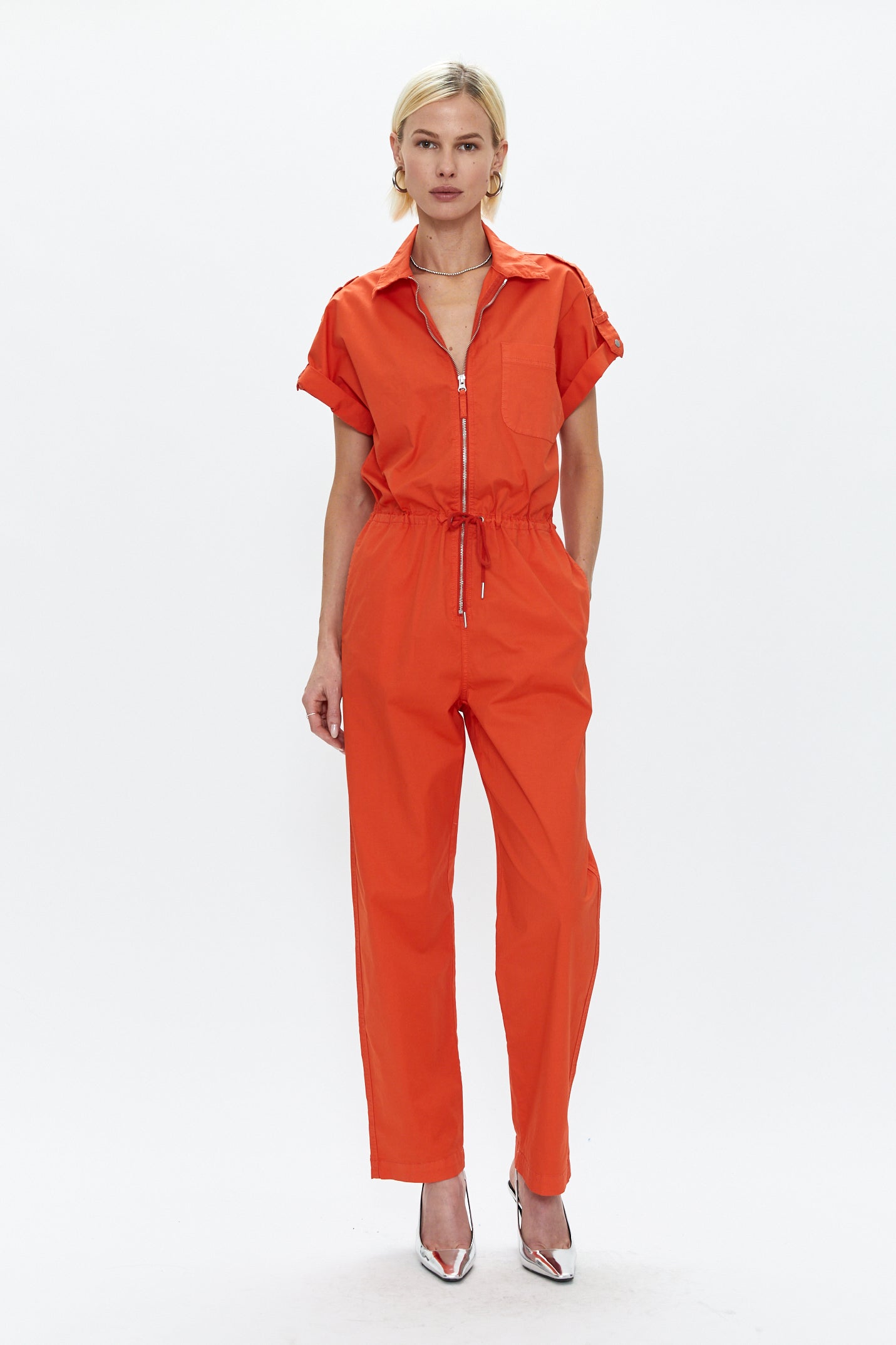Jordan Short Sleeve Zip Front Jumpsuit - Poppy
