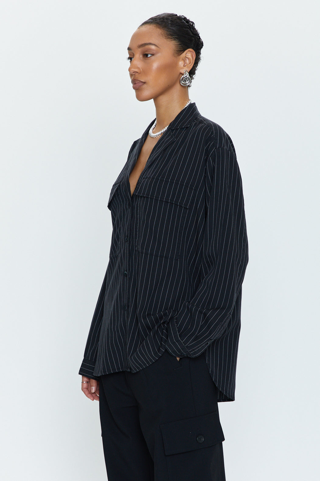 Irene Effortless Button Down Shirt - Black Pinstripe