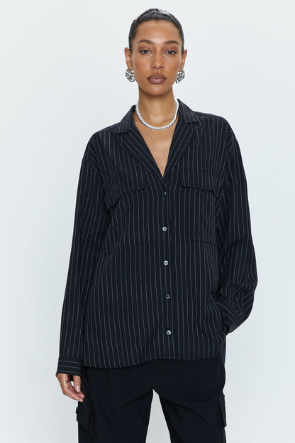 Irene Effortless Button Down Shirt - Black Pinstripe