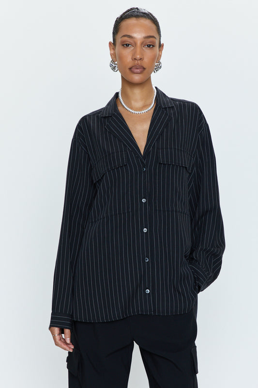 Irene Effortless Button Down Shirt - Black Pinstripe