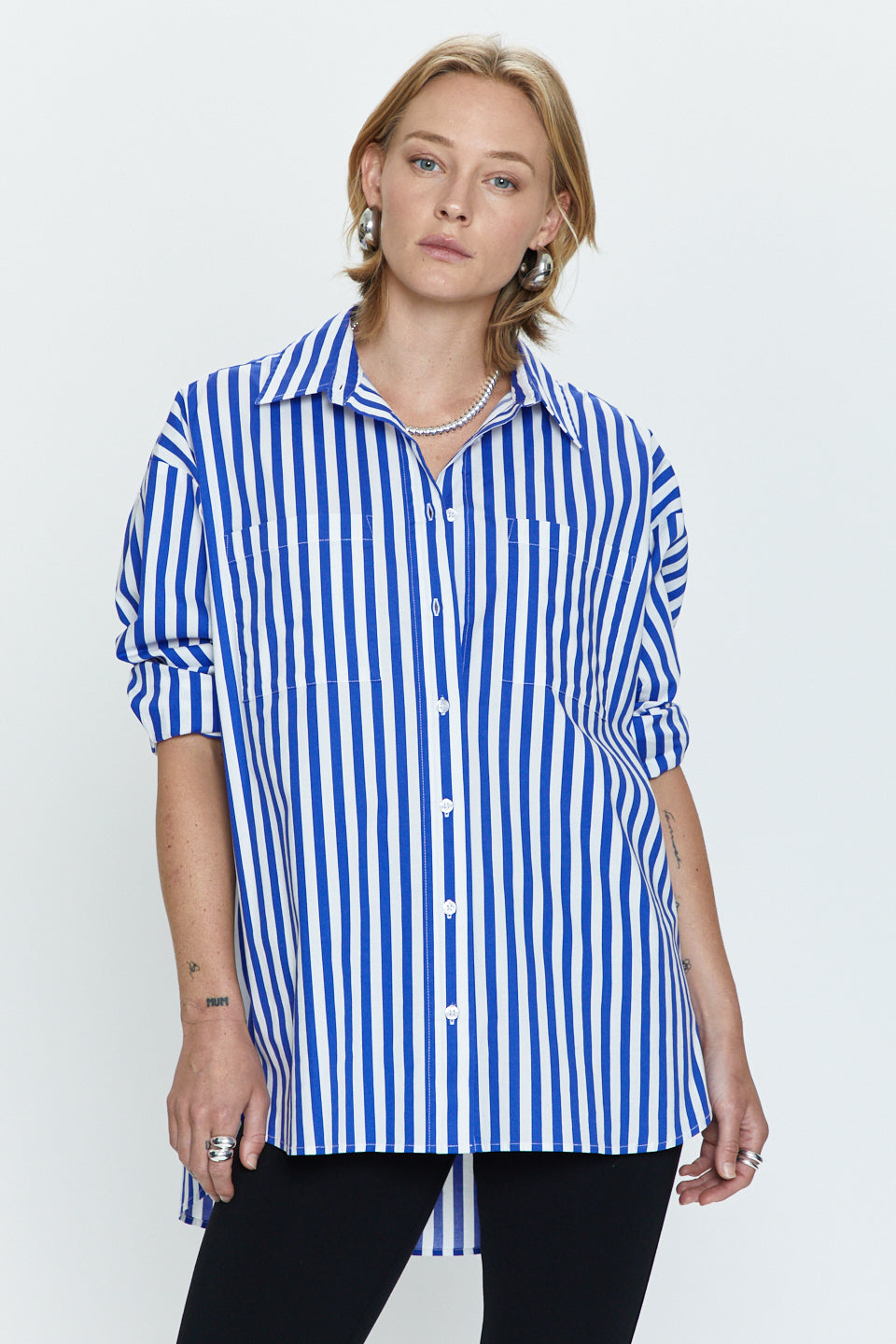 Rena Button Down Tunic Shirt - Cobalt Stripe
