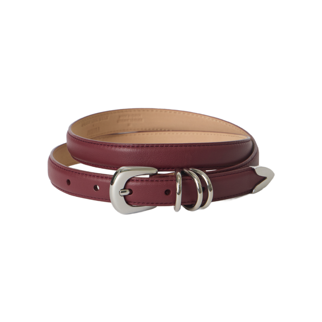 Maia Slim Leather Belt - Maroon Silver