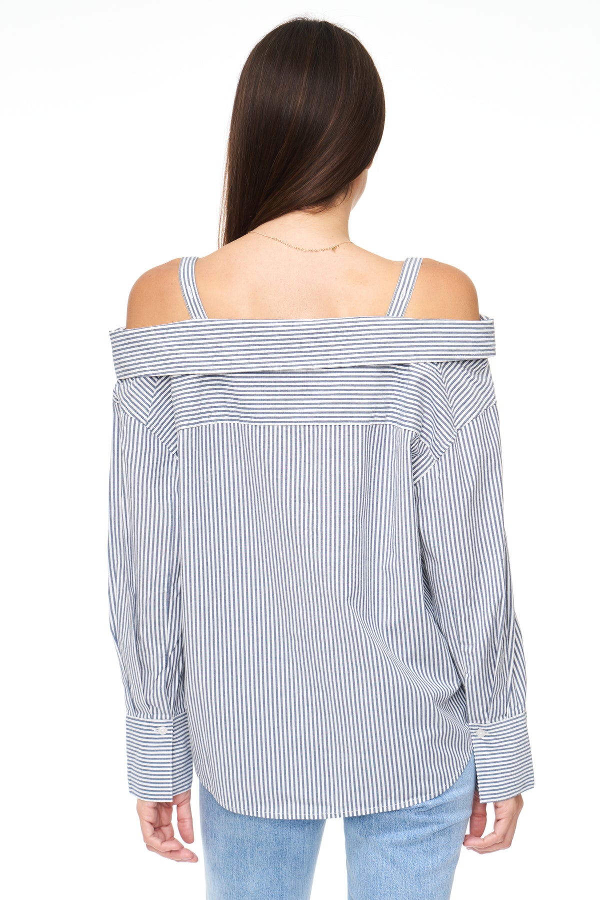 Baker Long Sleeve Off Shoulder Button Down - Sea Stripe