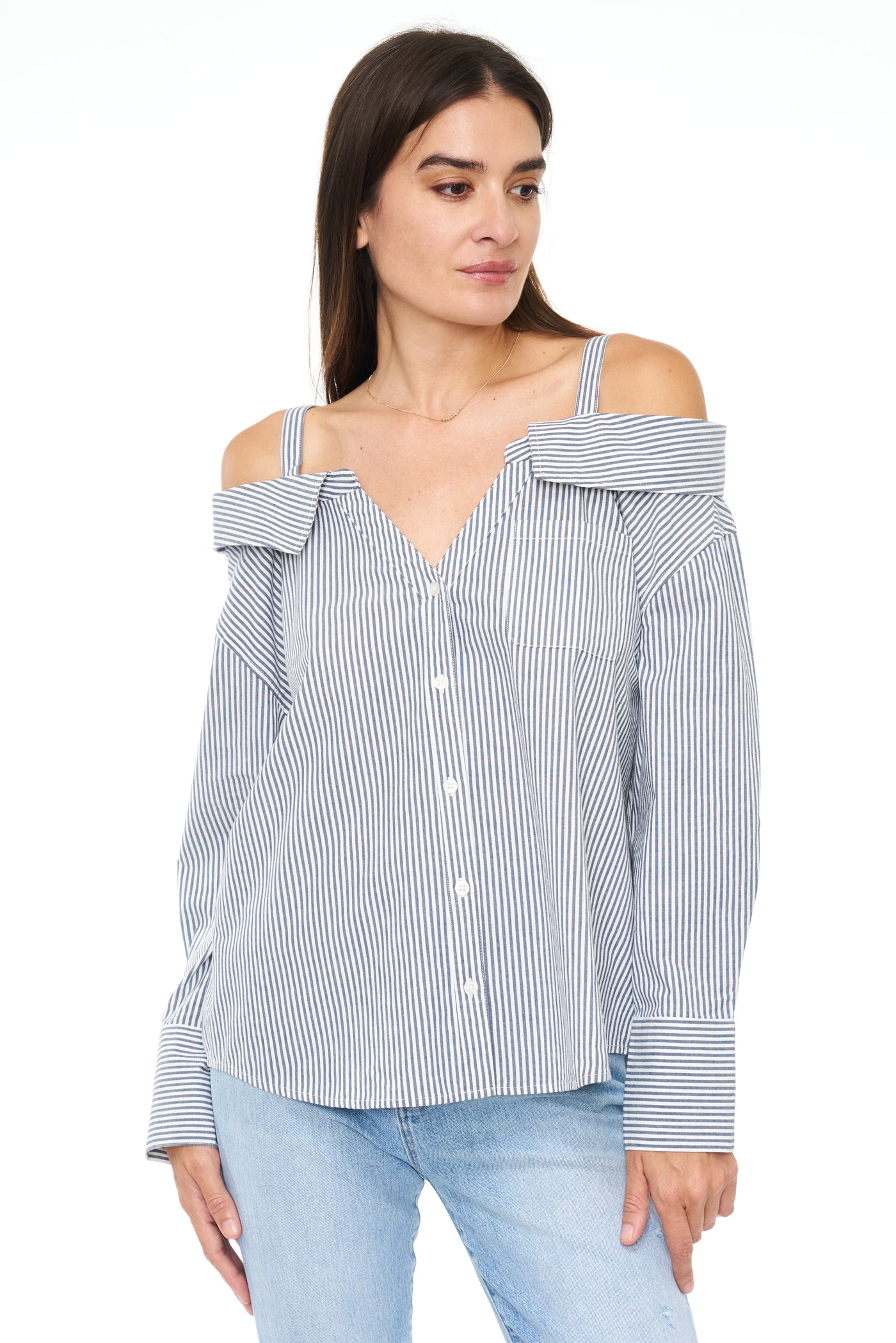 Baker Long Sleeve Off Shoulder Button Down - Sea Stripe – Pistola