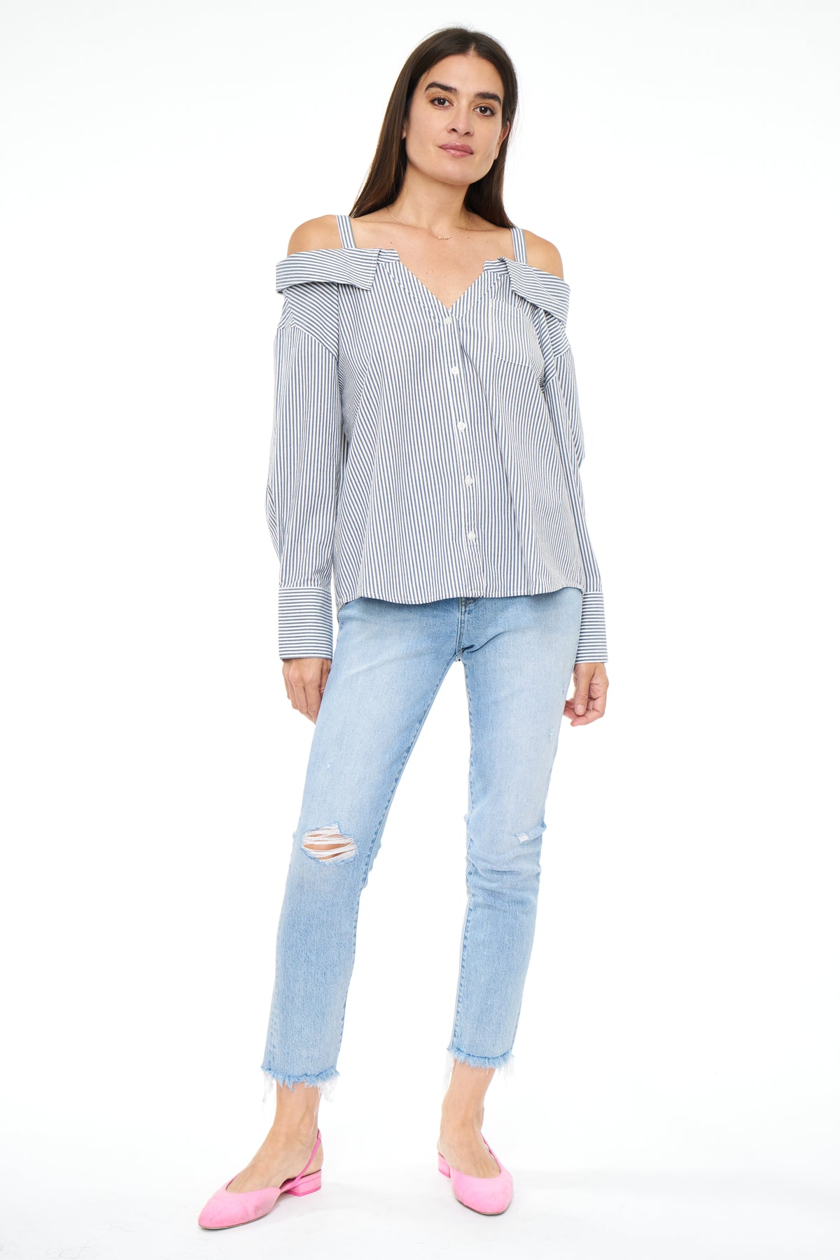 Baker Long Sleeve Off Shoulder Button Down - Sea Stripe