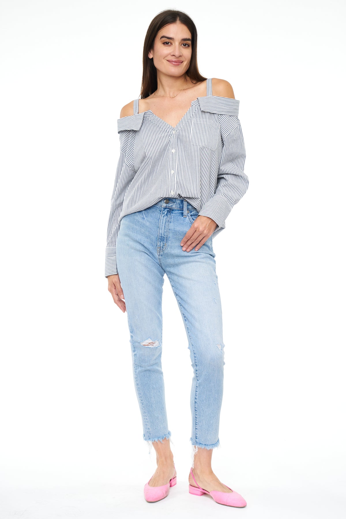 Baker Long Sleeve Off Shoulder Button Down - Sea Stripe