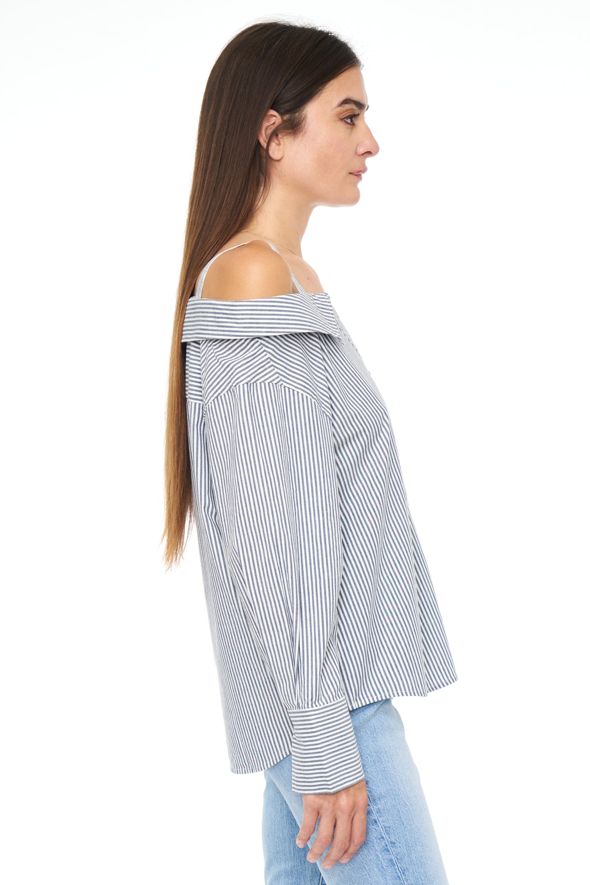 Baker Long Sleeve Off Shoulder Button Down - Sea Stripe