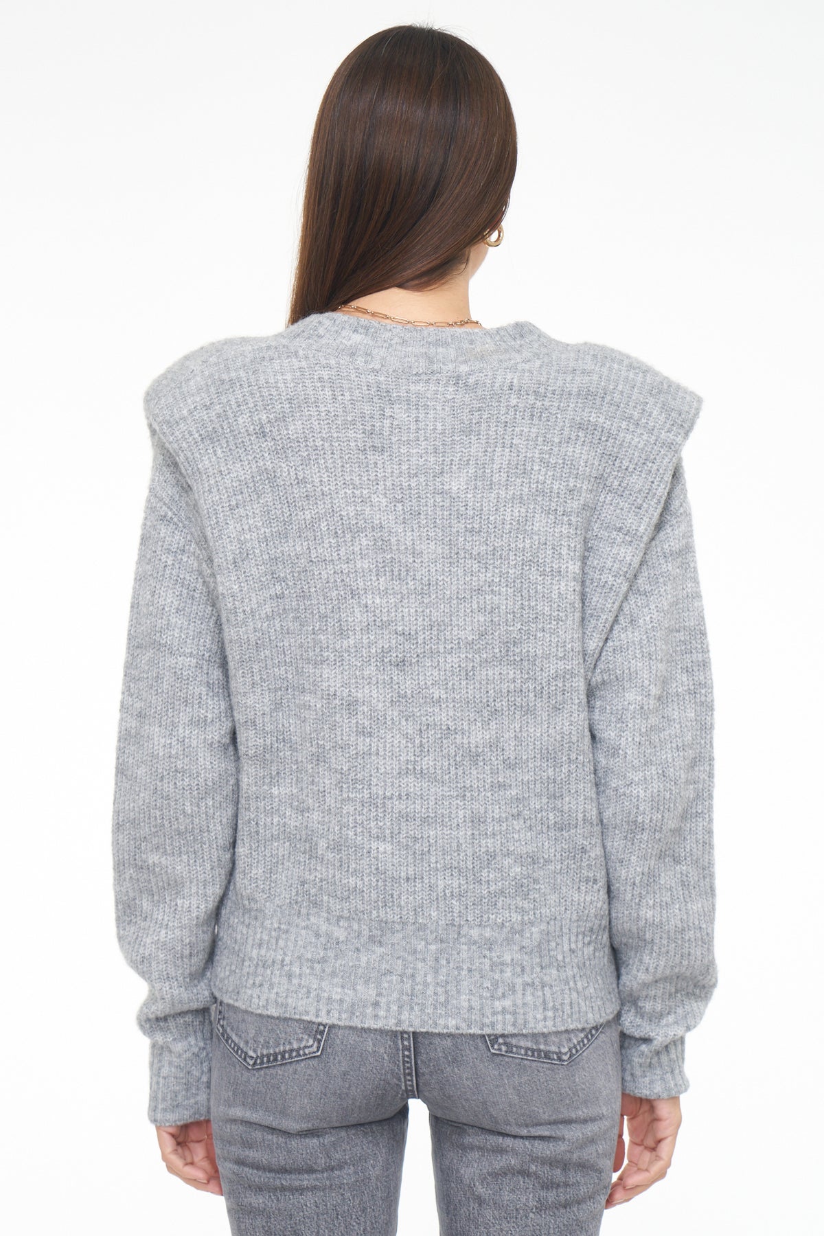 Camille V Neck Shoulder Pad Sweater - Heather Grey