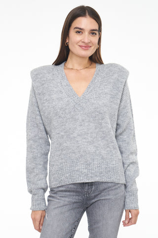 Camille V Neck Shoulder Pad Sweater - Heather Grey