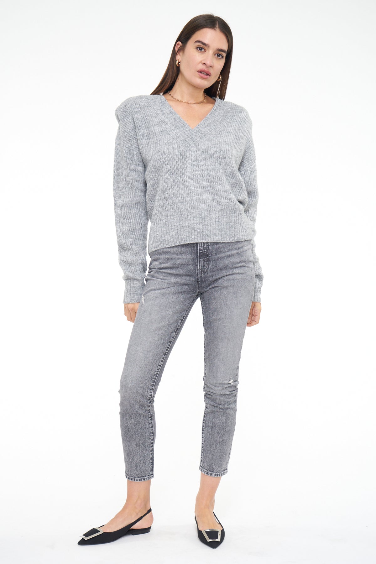 Camille V Neck Shoulder Pad Sweater - Heather Grey