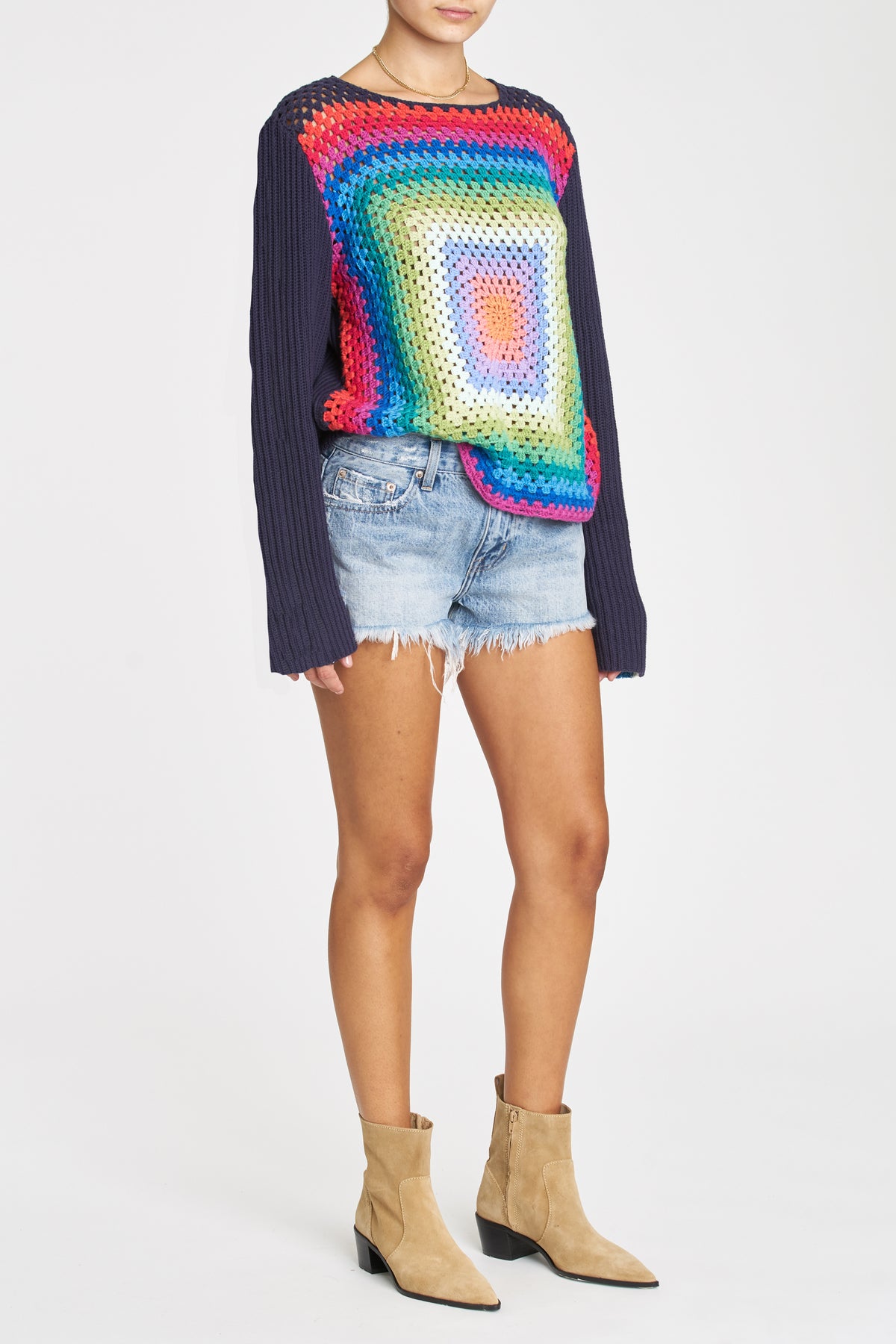 Claudine Crochet Pullover Sweater - Navy Rainbow