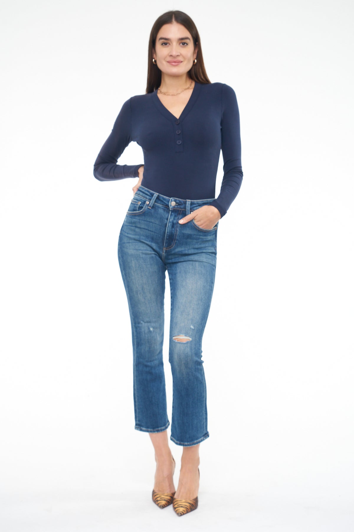 Grayson Long Sleeve Henley Bodysuit - Navy